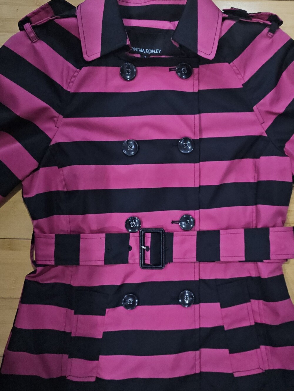 Cynthia Rowley Black Pink Striped Double Bressted Button Rain Jacket Coat Trench - Picture 16 of 16